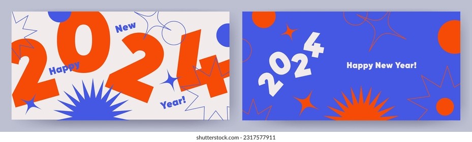 Creative concept of 2024 Happy New Year posters set. Design templates with typography logo 2024 for celebration and season decoration. Minimalistic trendy backgrounds for branding, banner, cover, card