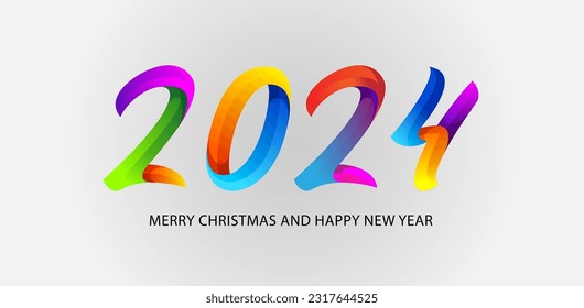 Concepto creativo de la plantilla de diseño de Año Nuevo Feliz 2024 con el logotipo brillante 2024 en estilo de corte de papel para celebración y decoración de temporada. Fondo de moda minimalista para marca, banner, portada, tarjeta