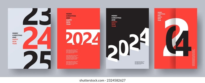 Concepto creativo de los afiches de Año Nuevo Feliz 2024. Diseñar plantillas con el logotipo tipográfico 2024 para la celebración y la decoración de temporada. Fondos de moda minimalistas para marca, banner, portada, tarjeta