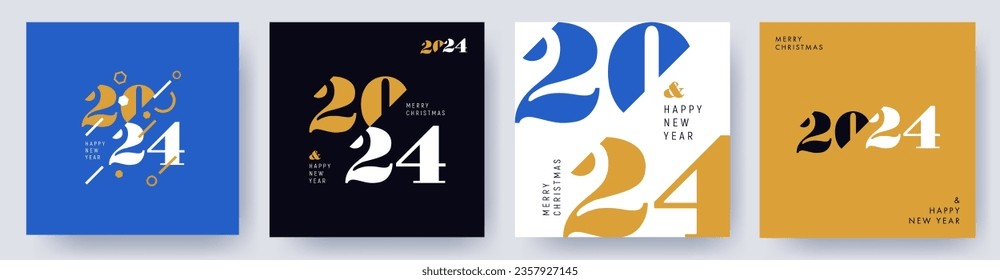 Creative concept of 2024 Happy New Year posters set. Design templates with typography logo 2024 for celebration and season decoration. Minimalistic trendy backgrounds for branding, banner, cover, card