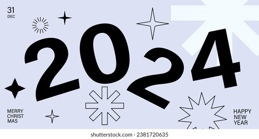 Concepto creativo de los afiches de Año Nuevo Feliz 2024. Plantilla de diseño con el logotipo tipográfico 2024 para celebración y decoración de temporada. Fondos de moda minimalista para marca, banner, portada, tarjeta.