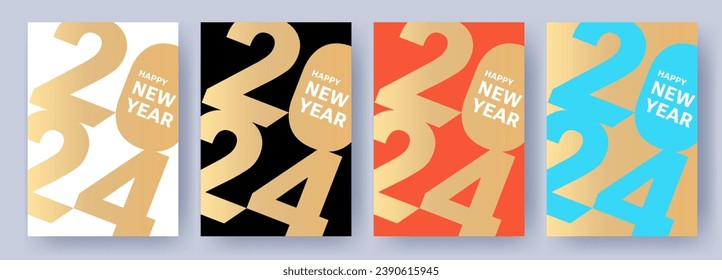 Creative concept of 2024 Happy New Year posters set. Design templates with typography logo 2024 for celebration and season decoration. Minimalistic trendy backgrounds for branding, banner, cover, card