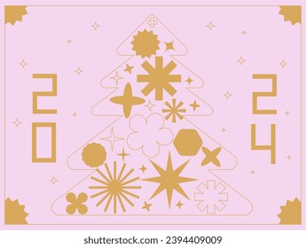 Concepto creativo del afiche de Año Nuevo Feliz 2024. Plantilla de diseño con números de 2024 para celebración y decoración de temporada. Fondo de diseño minimalista para marca, banner, portada, tarjeta de felicitación.