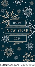 Creative concept of 2024 new year. Happy new year 2024 celebration with firework and ribbon design concept for banner, template, flyer and greeting card