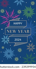 Concepto creativo del año nuevo 2024. Feliz año nuevo 2024 con fuegos artificiales y diseño de cinta para carteles, plantillas, volantes y tarjetas de felicitación