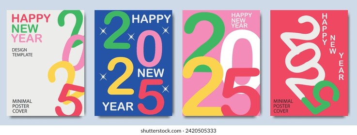 Concepto creativo de los afiches de Año Nuevo Feliz 2025. Diseñar plantillas con el logotipo tipográfico 2025 para la celebración y la decoración de temporada. Fondos de moda minimalistas para marca, banner, portada, tarjeta