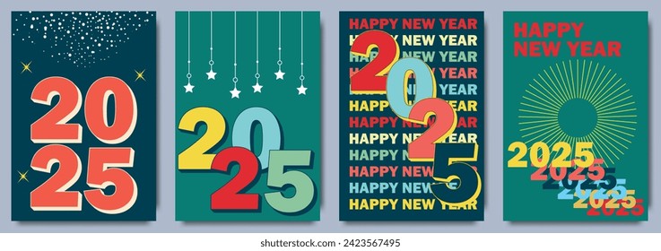Creative concept of 2025 Happy New Year posters set. Design templates with typography logo 2025 for celebration and season decoration. Minimalistic trendy backgrounds for branding, banner, cover, card