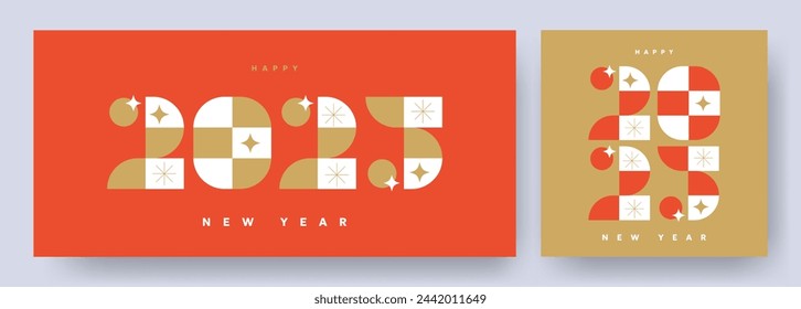 Concepto creativo de los carteles de Feliz Año Nuevo 2025. Plantillas de diseño con logotipo de tipografía 2025 para la celebración y decoración de temporada. Fondo de moda minimalista para la marca, banner, cubierta, tarjeta