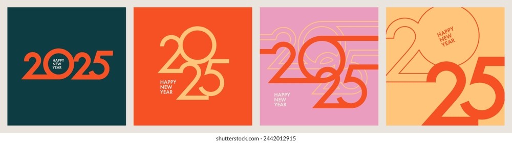 Creative concept of 2025 Happy New Year posters set. Design templates with typography logo 2025 for celebration and season decoration. Minimalistic trendy backgrounds for branding, banner, cover, card