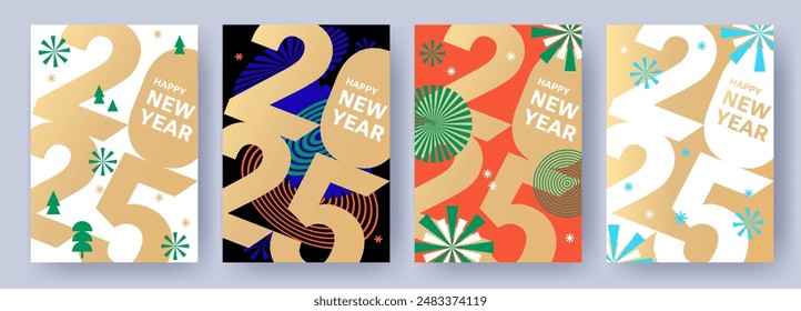 Concepto creativo de 2025 Feliz Año Nuevo conjunto de carteles. Plantillas de diseño con logotipo tipográfico 2025 para celebración y decoración de temporada. Fondos de moda minimalistas para la marca, Anuncio, cubierta, tarjeta