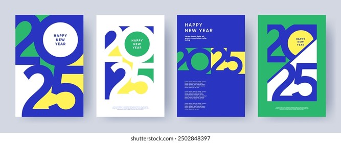 Kreatives Konzept von 2025 Happy New Year Poster Set. Designvorlagen mit Typografie-Logo 2025 für Feier und Saisondekoration. Minimalistische trendige Hintergründe für Branding, Banner, Cover, Karte