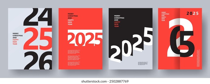 Creative concept of 2025 Happy New Year posters set. Design templates with typography logo 2025 for celebration and season decoration. Minimalistic trendy backgrounds for branding, banner, cover, card