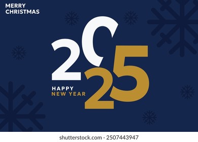 Creative concept of 2025 Happy New Year and Merry Christmas greeting card with gold and white typography on dark blue background. Logo 2025.  Trendy background for branding, banner, cover, card
