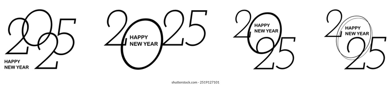 Creative concept of 2025 Happy New Year posters set. Design templates with typography logo 2025 for celebration and season decoration. Minimalistic trendy backgrounds for branding, banner, cover, card