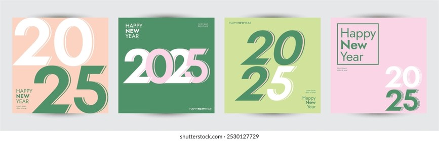  Creative concept of 2025 Happy New Year collection of geometric shapes backgrounds. Minimalist trendy template design with typography logo 2025 for celebration and season decoration, branding, cover