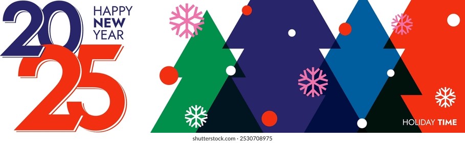 Creative concept of 2025 Happy New Year greeting banner. Minimalist trendy with snowflake, tree, elements for celebration, header for website, decoration, branding