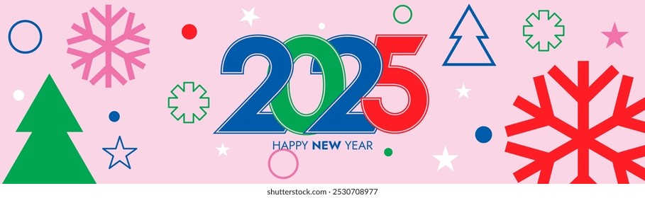 Kreatives Konzept 2025 Frohes neues Jahr Grußbanner. Minimalistischer Trend mit Schneeflocke, Baum, Elemente zum Feiern, Kopfzeile für Website, Dekoration, Branding