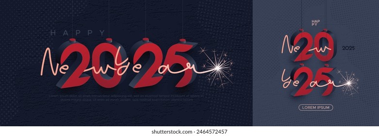 Creative concept of 2025 new year greetings design with red 3D hanging number and beautiful font on luxury texture background