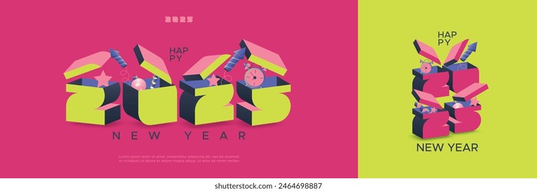 Kreatives Konzept der Neujahrsfeier 2025 mit einzigartiger Kombination aus Zahl und Geschenkbox als smartes Grundkonzept-Design. Frohes neues Jahr 2025 mit einzigartigem modernem Nummerndesign-Konzept