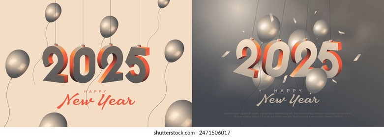 Das kreative Konzept des Neujahrsdesigns 2025 mit 3D-Hängenummer und Ballonhintergrund. Neues Jahr 2025