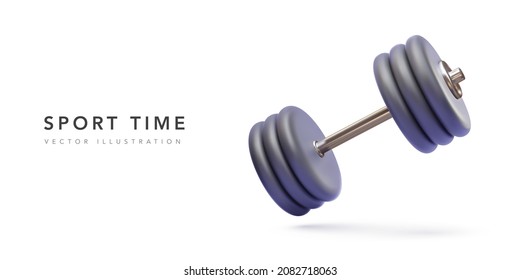 Creative concept 3d realistic dumbbell with black plates levitating in air on white background. Front view with copy space. Vector illustration