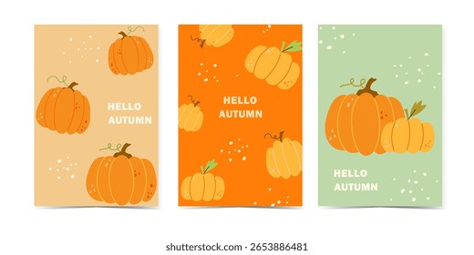 Creative concept of autumn bright poster set. Trendy design with typography,  fall  pumpkins  Templates for branding, ads, banner, cover, card.