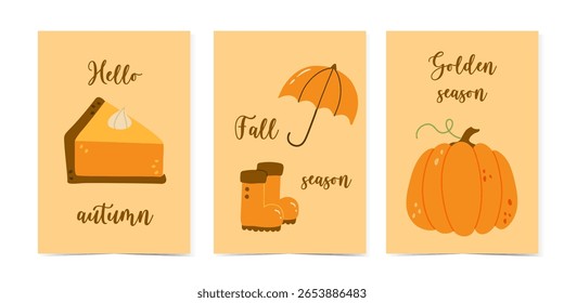 Concepto creativo de conjunto de póster brillante de otoño. Diseño de moda con tipografía, calabazas de otoño Plantillas para la marca, anuncios, Anuncio, cubierta, tarjeta.