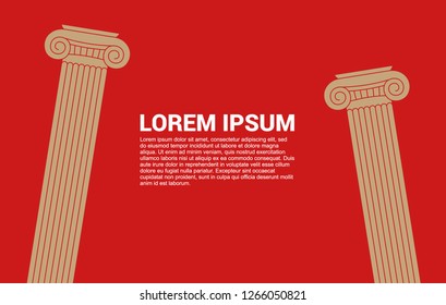 Creative, concept background, tamplate with two exquisite classic columns and place for your text. On luxury red background. Good option for theater, opera, museum, education topic, banking.