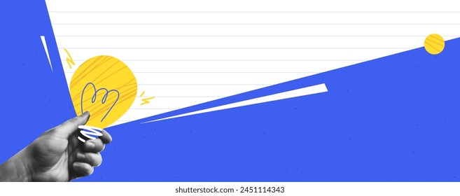 Anuncio de concepto creativo con bombilla y diseño de mano. Collage de Elementos de ideas y soluciones sobre fondo abstracto. Ilustración de arte gráfico para lluvia de ideas de negocios.