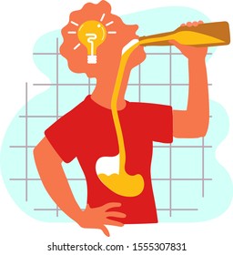 Creative concept for beer advertising. A man drinks beer and an idea appears in his head in the form of a light bulb. Vector flat graphics on a white background.
