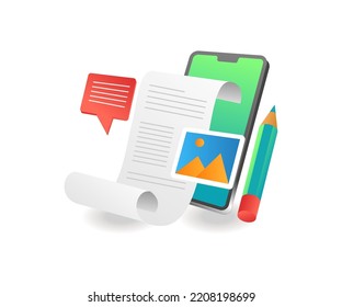 Creative concept of blog articles in isometric flat illustration