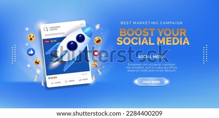 Creative concept in boosting social media marketing with rocket and smartphone. 