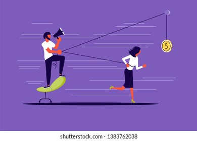 Creative concept of Boss use worker as slavery. Harnessed worker runs with all his might for a coin and drags his boss. Flat Art Vector illustration