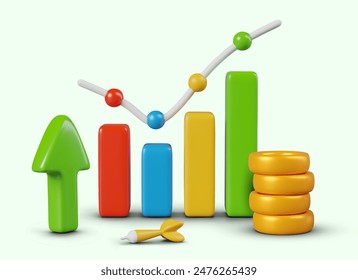 Creative concept of business development and control. Color bar chart, up arrow, gold coins, darts