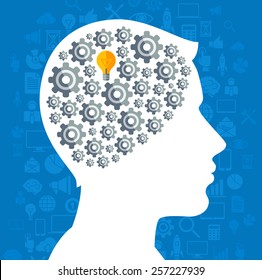 Creative concept of Business Idea Generation. Vector illustration. Man silhouette with Gear icons and Light Bulb symbol in his head. Brainstorming process. 