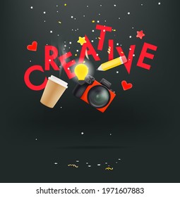 Concepto creativo con cámara, lápiz y letras. Ilustración linda de estilo 3d