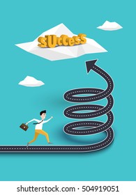 Creative Concept of Career Growth or Path to Success on the Spiral Road. Businessman Running to the Success. Vector EPS 10