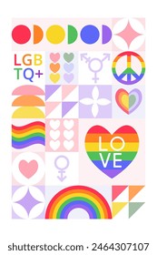 Creative concept for celebration. Template card or poster with typography for Pride Month. Simple abstract icons background. Stylized holiday LGBT symbols in bauhaus style.