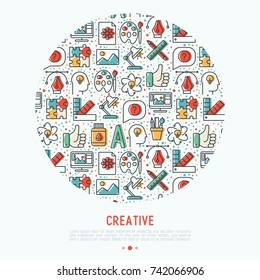 Creative concept in circle with thin line icons of idea, puzzle, color palette, brushes, creative vision, development design. Vector illustration of banner, web page, print media.