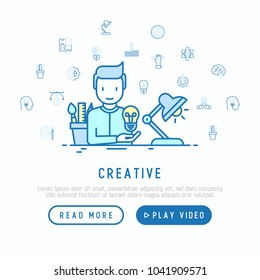 Creative Concept: Creator Generates Idea, With Thin Line Icons: Start Up, Brief, Brainstorming, Puzzle, Color Palette, Creative Vision, Genius. Modern Vector Illustration, Web Page Template.