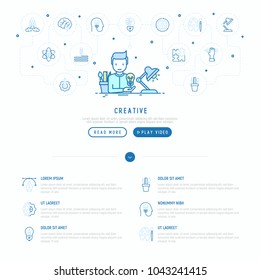 Creative concept: creator generates idea, with thin line icons: start up, brief, brainstorming, puzzle, color palette, creative vision, genius. Modern vector illustration, web page template.