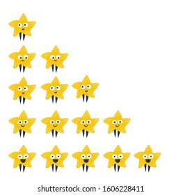 Creative concept cute yellow stars characters from one to five. Illustration for service level, ranking, rating. Cartoon isolated signs, symbols from sad to smiling, happy. Good or bad feedback scale