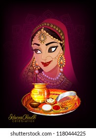 Creative concept with decorated pooja thali for indian festival of karwa chauth celebration, woman Traditional Clothing
