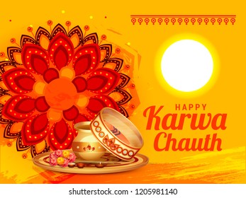 Creative concept with decorated pooja thali for indian festival of karwa chauth celebration.