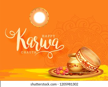 Creative concept with decorated pooja thali for indian festival of karwa chauth celebration.