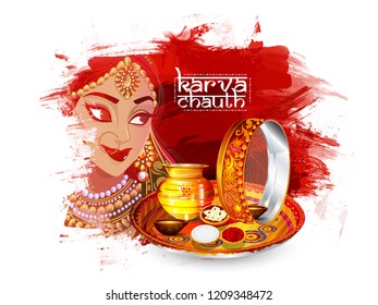 Creative concept with decorated pooja thali for indian festival of karwa chauth celebration, woman Traditional Clothing
