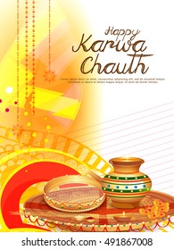 Creative concept with decorated pooja thali for indian festival of karwa chauth celebration.