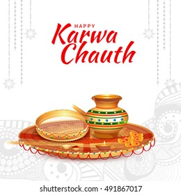 Creative concept with decorated pooja thali for indian festival of karwa chauth celebration.