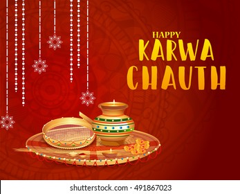 Creative concept with decorated pooja thali for indian festival of karwa chauth celebration.