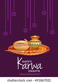 Creative concept with decorated pooja thali for indian festival of karwa chauth celebration.